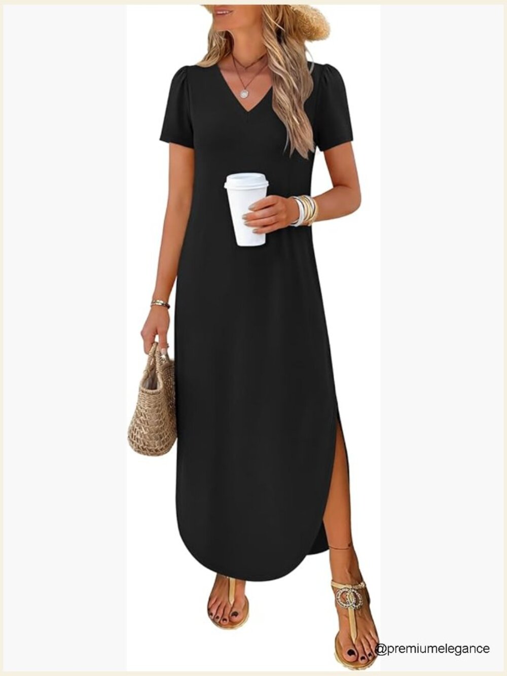 Loose Fit Maxi Dress with V Neck Short Sleeves and Pockets
